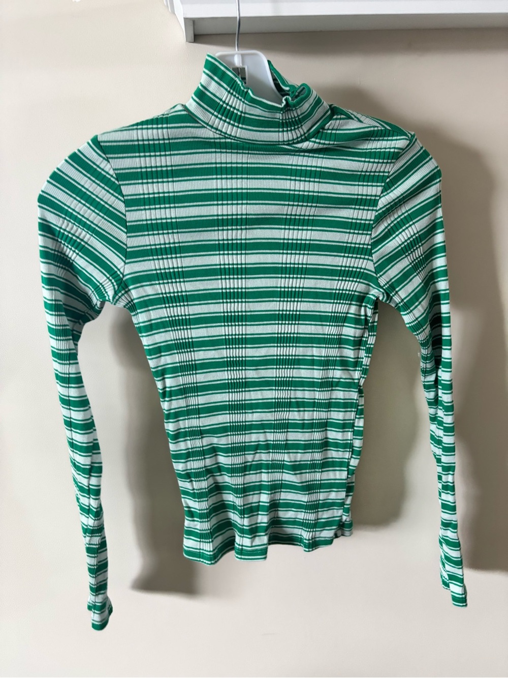 PINK Victoria's Secret Green and White Striped Mock Neck Long Sleeve